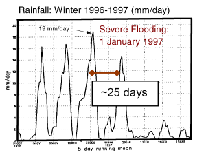Rainfall
for the Winter 1996-1997 showing peaks in the  5 day running mean every 25 days.