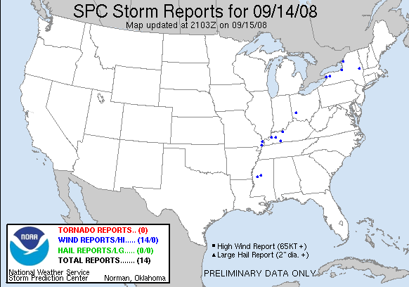 Map of yesterday's severe weather reports