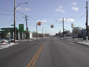 This before photo depict the intersection of 7 Mile Road and Dequindre Road in Detroit, MI. An RSA in 2002 led to, among other changes, placement of a left-turn arrow on the pavement to improve roadway navigation and safety. Photo: AAA Michigan.