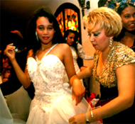 dressmaker Elsa Mantilla and beauty pageant contestants, Woodridge, N.J., 1994 