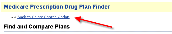 Example showing the 'Back' link of the Medicare Prescription Drug Plan Finder tool.