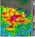 A weather map showing heavy precipitation and flooding in the midwest states.