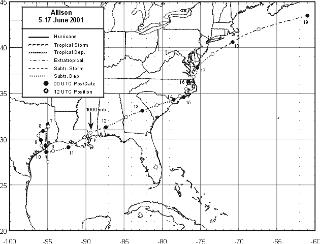 Best track positions for Tropical Storm Allison