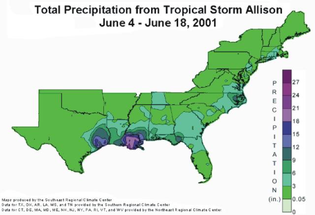Storm total rainfall for Tropical Storm Allison during the  period 4-18 June 2001