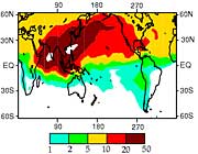 Maximum Ozone Concentration near the surface produced by Asian Pollution