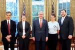 President Bush welcomed West Virginia AmeriCorps member Alivia Sturgill to the Oval Office this morning as part of a nationwide recognition week for the AmeriCorps national service program as it reaches a historic milestone of 500,000 members.  Joining the President were (L-R) Stephen Goldsmith, Chairman of Board, Corporation for National and Community Service; Kristin McSwain, Director, AmeriCorps; Alivia Sturgill; and David Eisner, CEO, Corporation for National and Community Service.