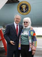President George W. Bush presented the President’s Volunteer Service Award to Caroline Wolf upon arrival at Eielson Air Force Base, Alaska, on Monday, August 4, 2008.  Wolf is an AmeriCorps member serving at the Literacy Council of Alaska, and also volunteers with Alaska Health Fair Incorporated.  To thank them for making a difference in the lives of others, President Bush honors a local volunteer when he travels throughout the United States.  He has met with more than 650 volunteers, like Wolf, since March 2002.