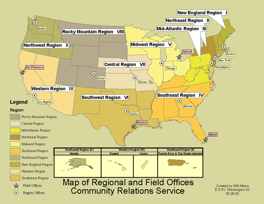 Map of the Regional and Field Office Locations and Geographic Areas of Service.  Geographic areas of service for each region are the 10 standard Federal regions.