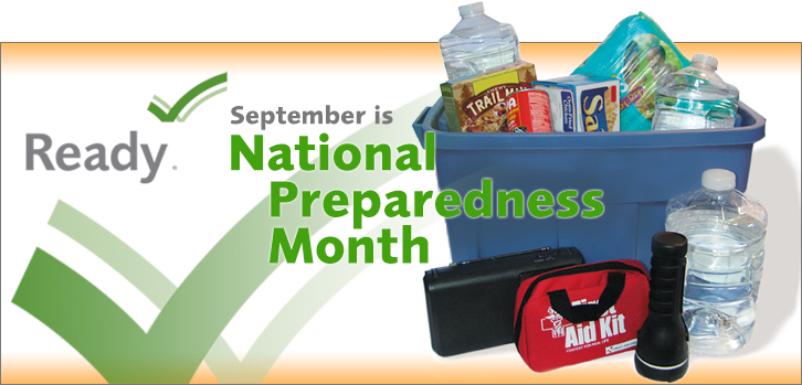 September is National Preparedness Month - Photo of an Emergency Preparedness Kit in a Blue Container