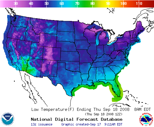 Graphic Forecast of Temperatures Across the US from the National Digital Forecast Database