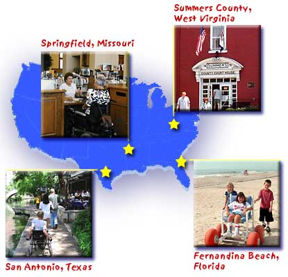 four small photos from ADA stories superimposed on map of USA