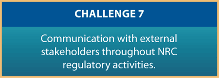 CHALLENGE 7 Communication with external stakeholders throughout NRC regulatory activities.