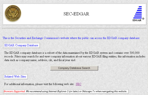EDGAR Company Database search screen