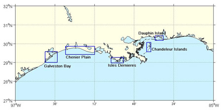 Sample of a map showing areas of potential coastal change due to Hurricane Gustav