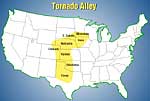 US map showing Tornado Alley, which encompasses parts of TX, OK, KS, CO, NE, IA, SD, MN