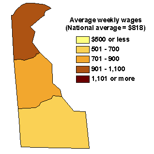 Map of Average Weekly Wages in Delaware