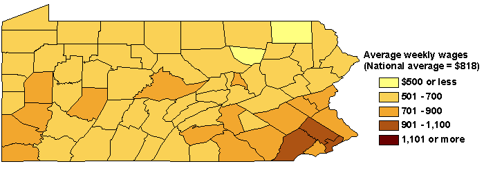 Map of Average Weekly Wages in Pennsylvania