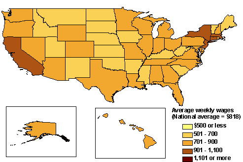 Map of Average Weekly Wages in the United States