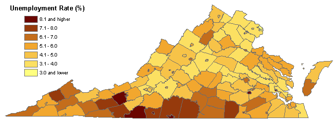 Unemployment rates in Virginia by county, July 2008