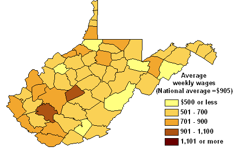 Map of Average Weekly Wages in West Virginia