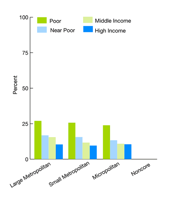 Bar charts show percentage of adults who sometimes or never get care for illness or injury as soon as wanted, stratified by geographic location.  By Income: Large Metropolitan: Poor, 27.0%; Near Poor, 16.8%; Middle Income, 15.5%; High Income, 10.4%. Small Metropolitan: Poor, 25.7%; Near Poor, 15.6%; Middle Income, 11.7%; High Income, 9.6%. Micropolitan: Poor, 23.9%; Near Poor, 13.3%; Middle Income, 10.9%, High Income, 10.5%. Noncore: no data.