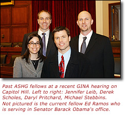 Past ASHG fellows at a recent GINA hearing on Capitol Hill. Left to right: Jennifer Leib, Derek Scholes, Daryl Pritchard, Michael Stebbins. Not pictured is the current fellow Ed Ramos who is serving in Senator Barack Obama's office