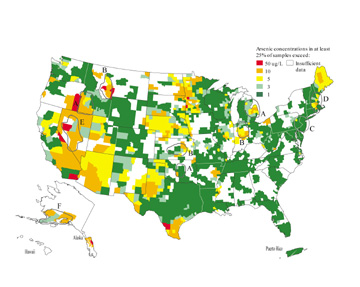 County-based map showing the 75th percentile of arsenic concentration.