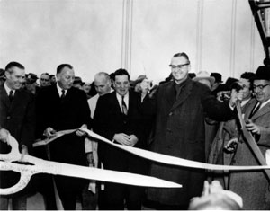 Representative John A. Blatnik was appointed to head a Special Subcommittee on the Federal-Aid Highway Program in September 1959. He came to the post expecting to find widespread corruption, but came to believe any problems were largely isolated. Representative Blatnik, second from right, is shown here on September 14, 1971, cutting the ribbon to rename the I-535 Duluth-Superior Bridge the "John A. Blatnik Bridge."