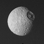 This image of Mimas was acquired by the Voyager 2 spacecraft on August 25, 1981.