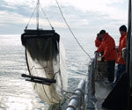 A trawl takes an early morning dip into a glassy Delaware Bay.