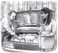 Maribel and vendor looking at cheese in the trunk of a car
