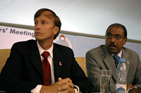 Ambassador Mark Dybul, U.S. Global AIDS Coordinator and Michel Sidibe, UNAIDS Director of Country and Regional Support, are pictured at the 2007 HIV/AIDS Implementers’ Meeting on June 16, 2007.