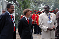 Dr. Innocent Nyaruhirira, Rwandan Minister of State in charge of HIV/AIDS, Ambassador Mark Dybul, U.S. Global AIDS Coordinator, and Rwanda Minister of Health, Dr. Jean Damascène Ntawukuriryayo are pictured at the 2007 HIV/AIDS Implementers’ Meeting on June 16, 2007.