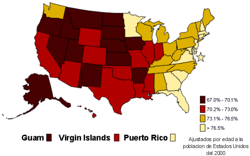 Mapa de los Estados Unidos que muestra el porcentaje de adultos de 20 años de edad en adelante que se han hecho revisar el nivel de colesterol en la sangre en los últimos 5 años, 2003.