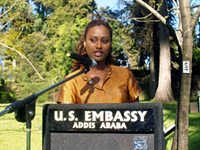 The US mission in Ethiopia, in collaboration with the PEPFAR Ethiopia coordination office, observed World AIDS day on Thursday, November 29, 2007 at the Embassy compound.  During the event, Hayat Ahmed, a model and former Miss Ethiopia, said Ethiopians are known for their heroism and have a history of defending their nation’s sovereignty and territorial integrity.  She said in the 21st century, Ethiopian patriotism should manifest in terms of their capacity to defeat HIV and AIDS. Photo by Ethiopia PEPFAR team