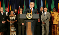 In recognition of World AIDS Day, President George W. Bush delivers a statement Friday, Nov. 30, 2007, after he and Mrs. Laura Bush participated in a roundtable in Mount Airy, Md., with faith-based groups regarding their roles in the global fight against HIV/AIDS. White House photo by Chris Greenberg