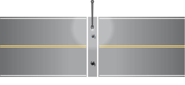 Figure 11. Drawing. Traditional midblock crosswalk lighting layout. The drawing illustrates a plan view of a crosswalk on a two-lane, two-way road. The drawing shows how typical midblock crosswalks are lighted with a single luminaire located directly above the crosswalk, which produces little vertical illuminance on the two pedestrians illustrated in the crosswalk.