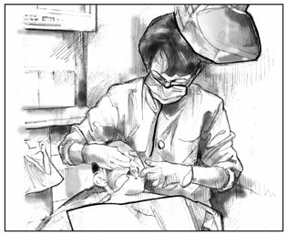 Drawing of a dentist examining a patient’s teeth. The male patient is reclining in an exam chair and has his mouth open. The female dentist is wearing a lab coat and a mask over her nose and mouth and is looking into the patient’s mouth.