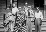 August 9, 1954, Charles E. Kellogg (one of the early pioneers of soil surveys) interviews farmers at Oyeko, Gold Coast, (now Ghana) about cocoa production. Left of Kellogg (center) is the “Chief Farmer” of Gold Coast Kwame Poku and at far right is Saadokee who interpreted for Kellogg (NRCS image — click to enlarge)