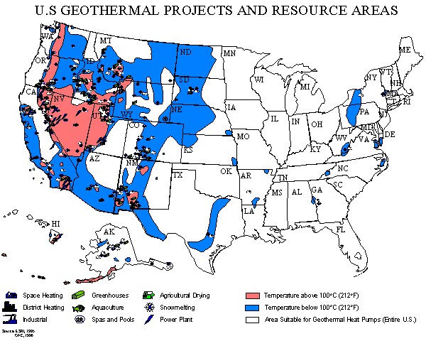 US Geothermal
Projects and Resource Areas map