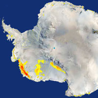 NASA's QuikScat satellite detected extensive areas of snowmelt, shown in yellow and red, in west Antarctica in January 2005.