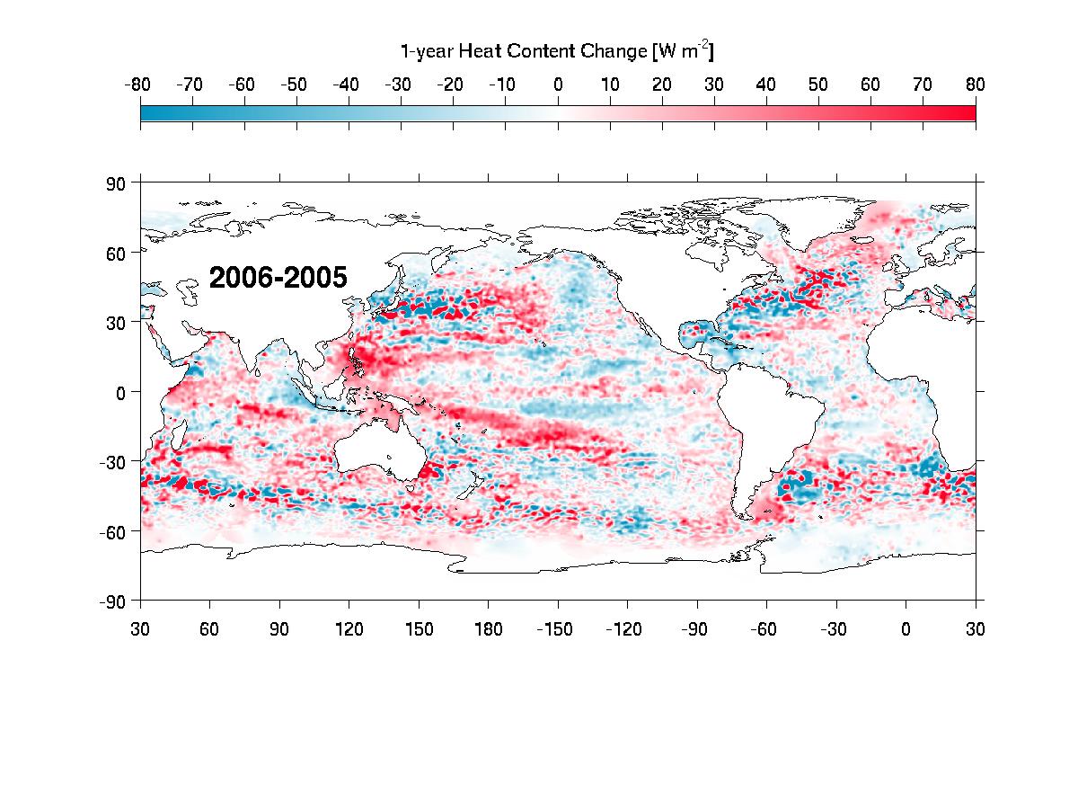 map showing change in upper ocean heat content anomaly