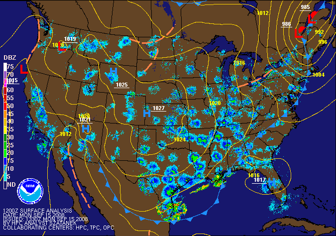 12Z U.S. Radar Mosaic with HPC Surface Analysis