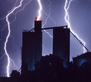 Photo of lightning striking grain elevators