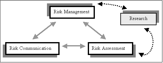 Illustration of the previous paragraph showing Research placed between and interacting with Risk Assessment and Risk Management.