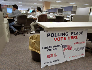 In San Jose, California, signs at the polls in English, Spanish, Chinese, and Vietnamese, comply with the federal Voting Rights Act.