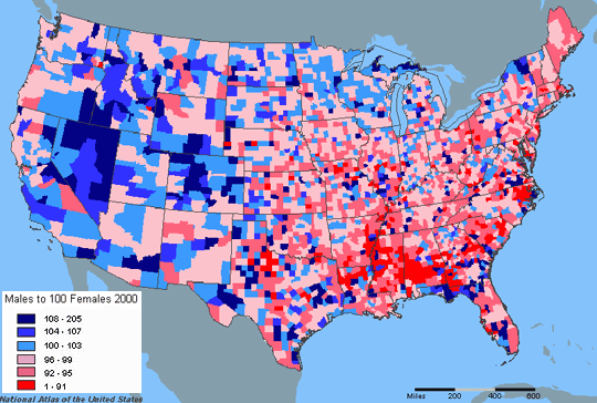 Male to 100 females map of the comterminous United States