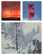 Three part image; Lightning, flags blowing in wind, and heavy snow.