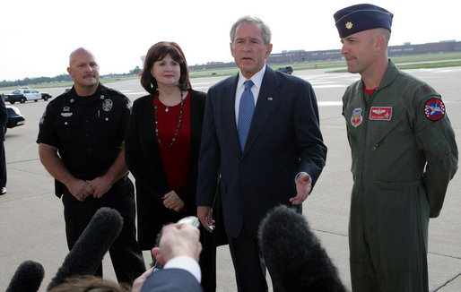 President George W. Bush speaks to the media upon his arrival Friday, Sept. 12, 2008, at Tinker Air Force Base, Oklahoma. Speaking about the impending landfall of Hurricane Ike, the President said, "I want to thank the citizens of Oklahoma for getting ready to help a Texan in need. I urge my fellow Texans to listen carefully to what the authorities are saying in Galveston County or parts of Harris County, up and down the coast. The federal government will not only help with the pre-storm strategy, but once this storm passes we'll be working with state and local authorities to help people recover as quickly as possible." White House photo by Chris Greenberg