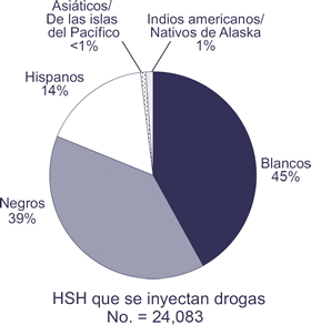 HSH que se inyectan drogas; No. = 24,083

Blancos: 45%
Negros: 39%
Hispanos: 14%
Asiáticos/Nativos de las islas del Pacífico: <1%
Indios americanos/Nativos de Alaska: 1%